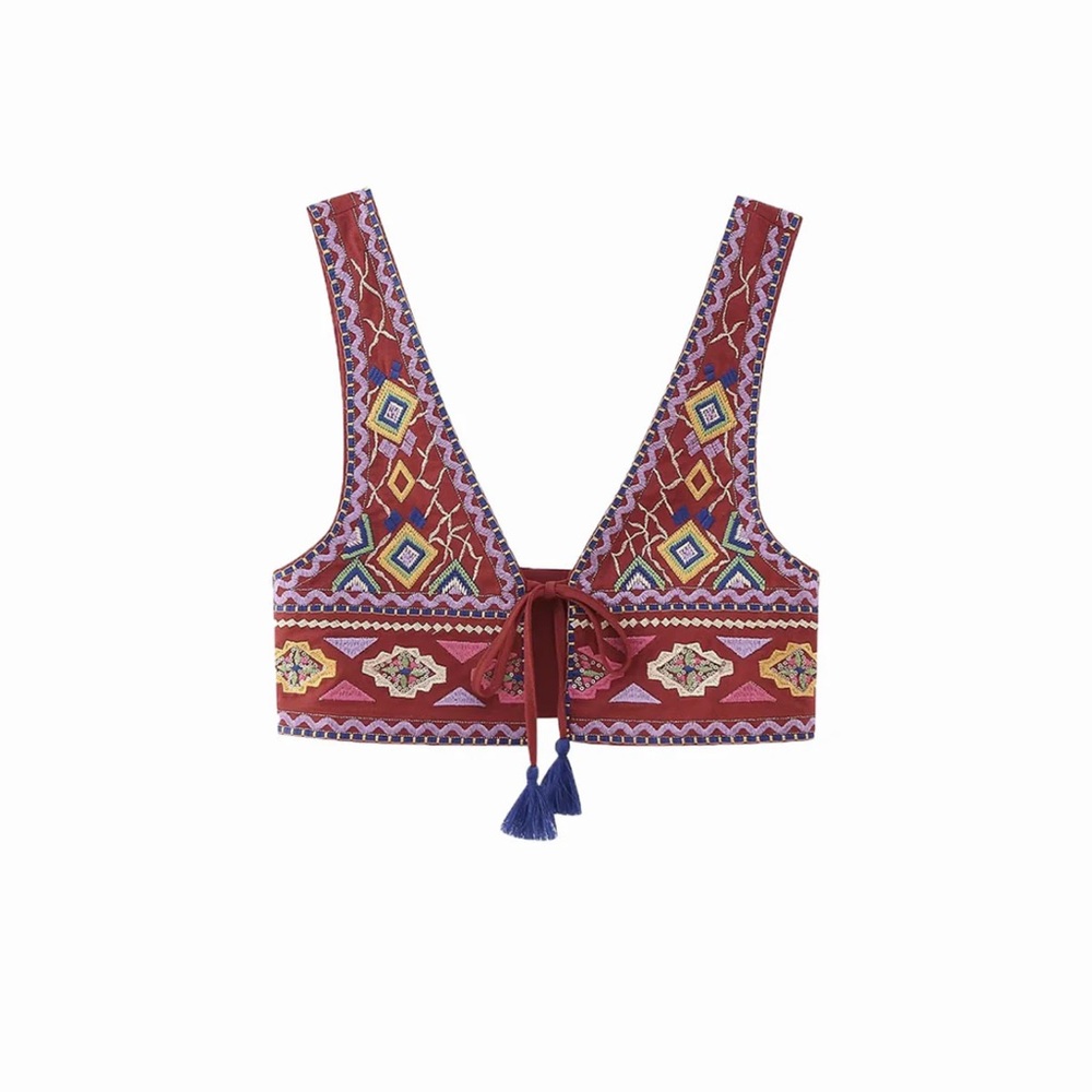 Commense Boho Embroidery Knotted Tank Top